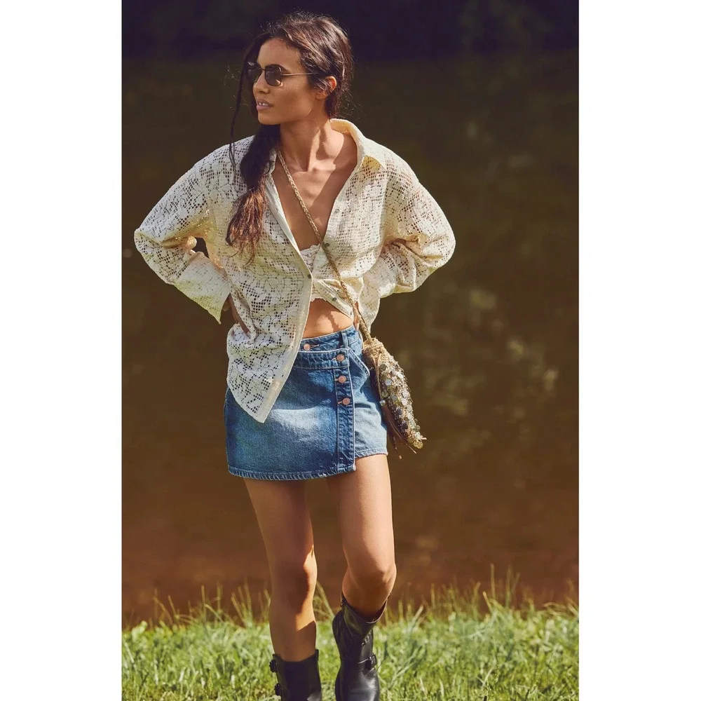 Free People Wynne Asymmetric Denim Wrap Mini Skirt Size 28
